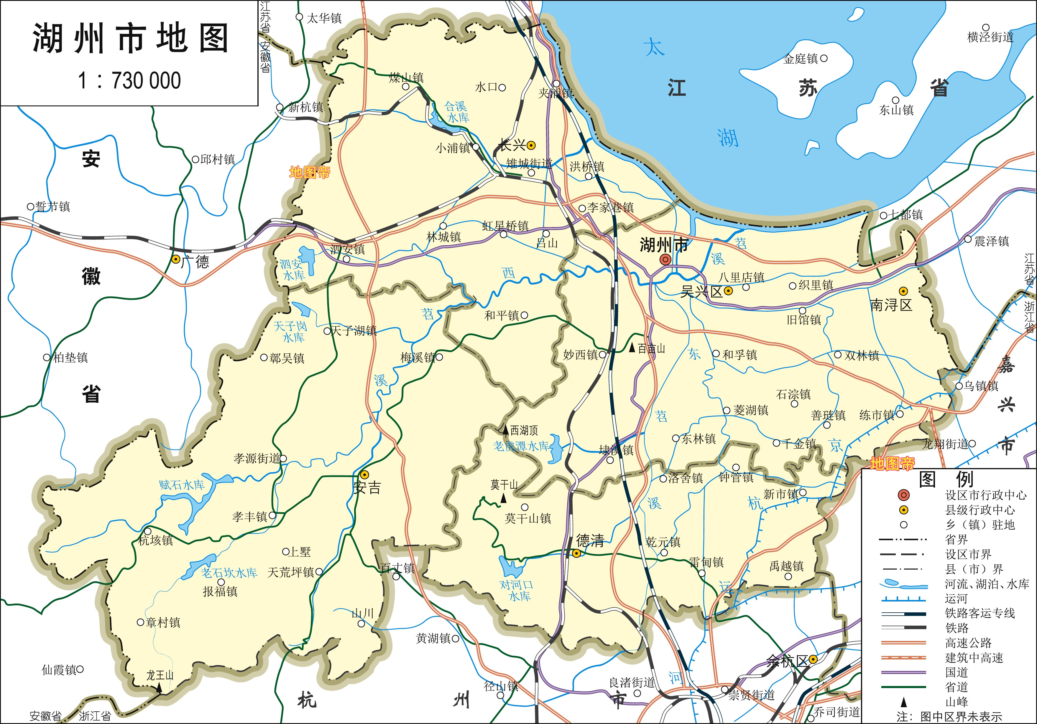 国家历史文化名城浙江湖州市,两区三县高清地图